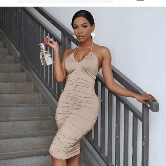 Shein Ruched Backless Halter Next Beige Dress - Picture 1 of 4